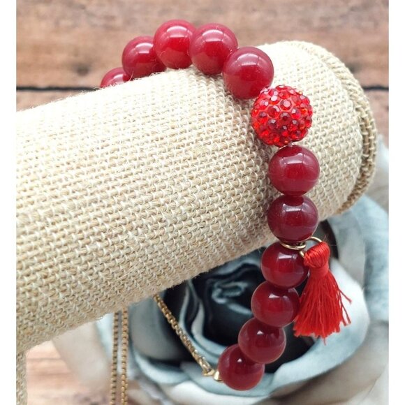 One Size Red Glass Bead & Gold Tone Slide Bracelet Tassel Shamballa MINT - Picture 6 of 11